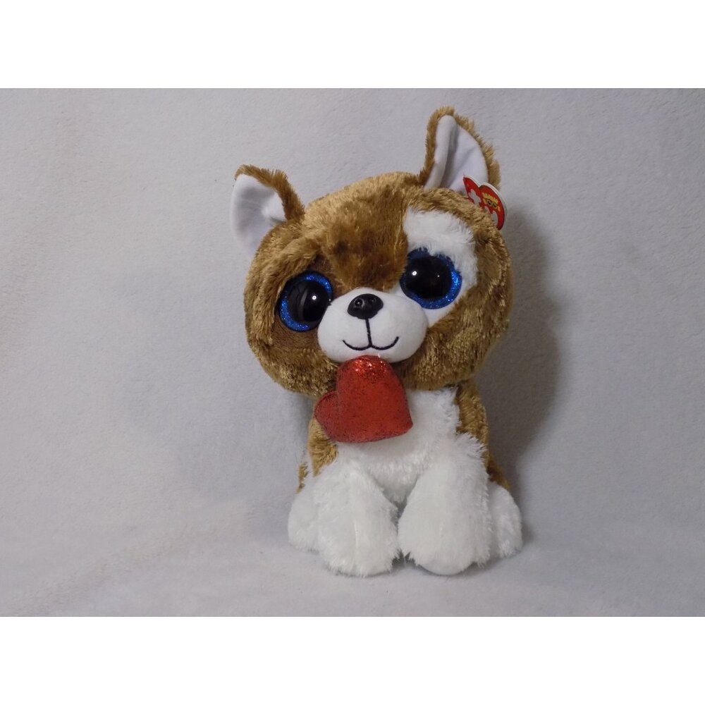 TY BEANIE BOOS SMOOCHES DOG WITH RED HEART HANGING OFF MOUTH 9" - NEW